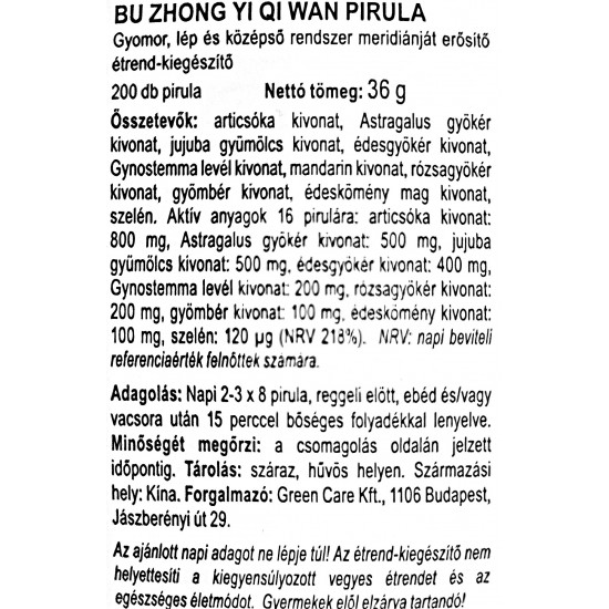 Green Care Bu Zhong Yi Qi Wan Pirula (Gyomor Lép Középső Meridián Erősítő) 200db