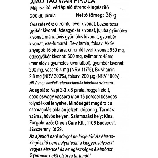 Green Care Xiao Yao Wan Pirula (Májtisztító, Vértápláló) 200db