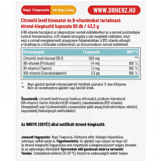 Dr. Herz Citromfű 500mg + B-Vitaminok Vegán Kapszula 60db