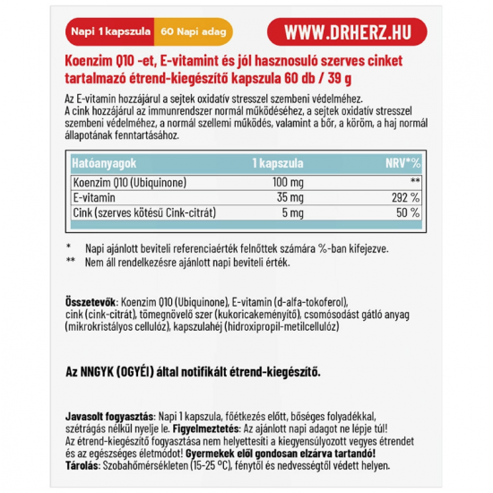 Dr.Herz Koenzim Q10 100mg + E-vitamin + Szerves Cink Kapszula 60db