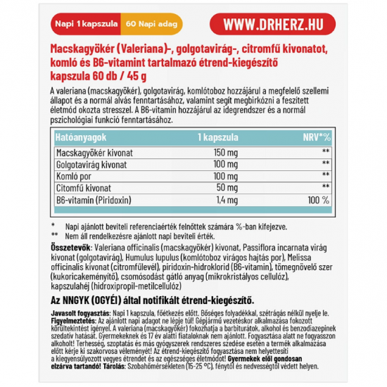 Dr.Herz Valeriana Plus Golgotavirág, Citromfű, Komló, B6 Kapszula 60db