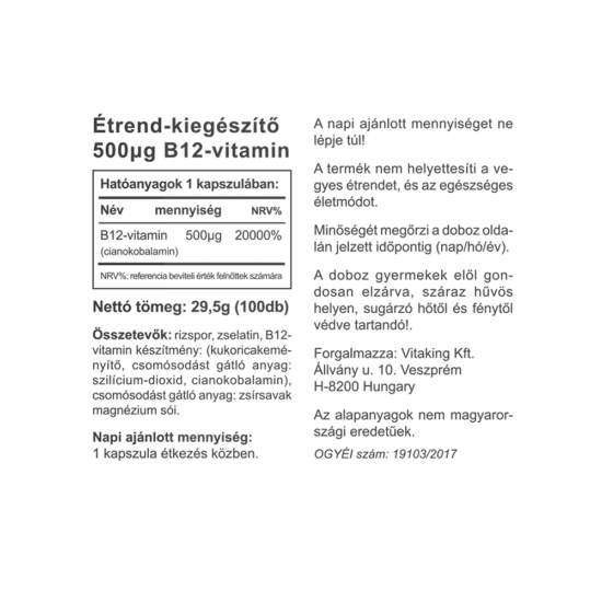 Vitaking B12-Vitamin Kapszula 500µg 100db