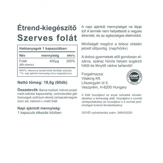Vitaking Szerves Folát B9 Vitamin 60db