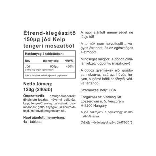 Vitaking Iodine 150qg Jód Tengeri Moszatból Tabletta 240db