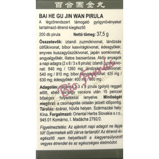 Green Care Bai He Gu Jin Wan (A légzőrendszer támogatására) Pirula 200db