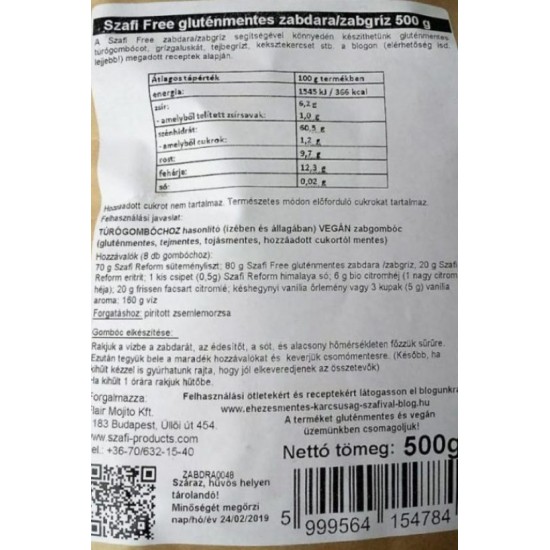 Szafi Free Gluténmentes Zabdara/Zabgríz 500g